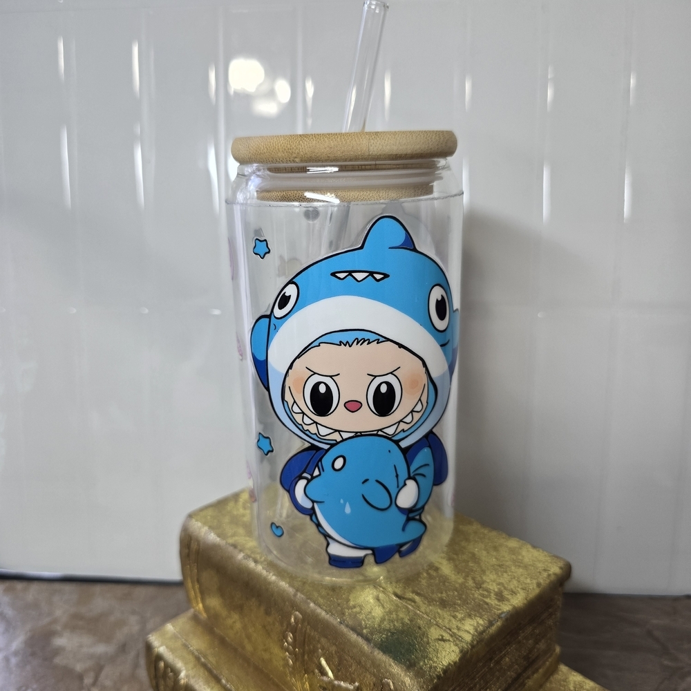 Labubu Cute Shark Glass Tumbler with Straw 16oz
